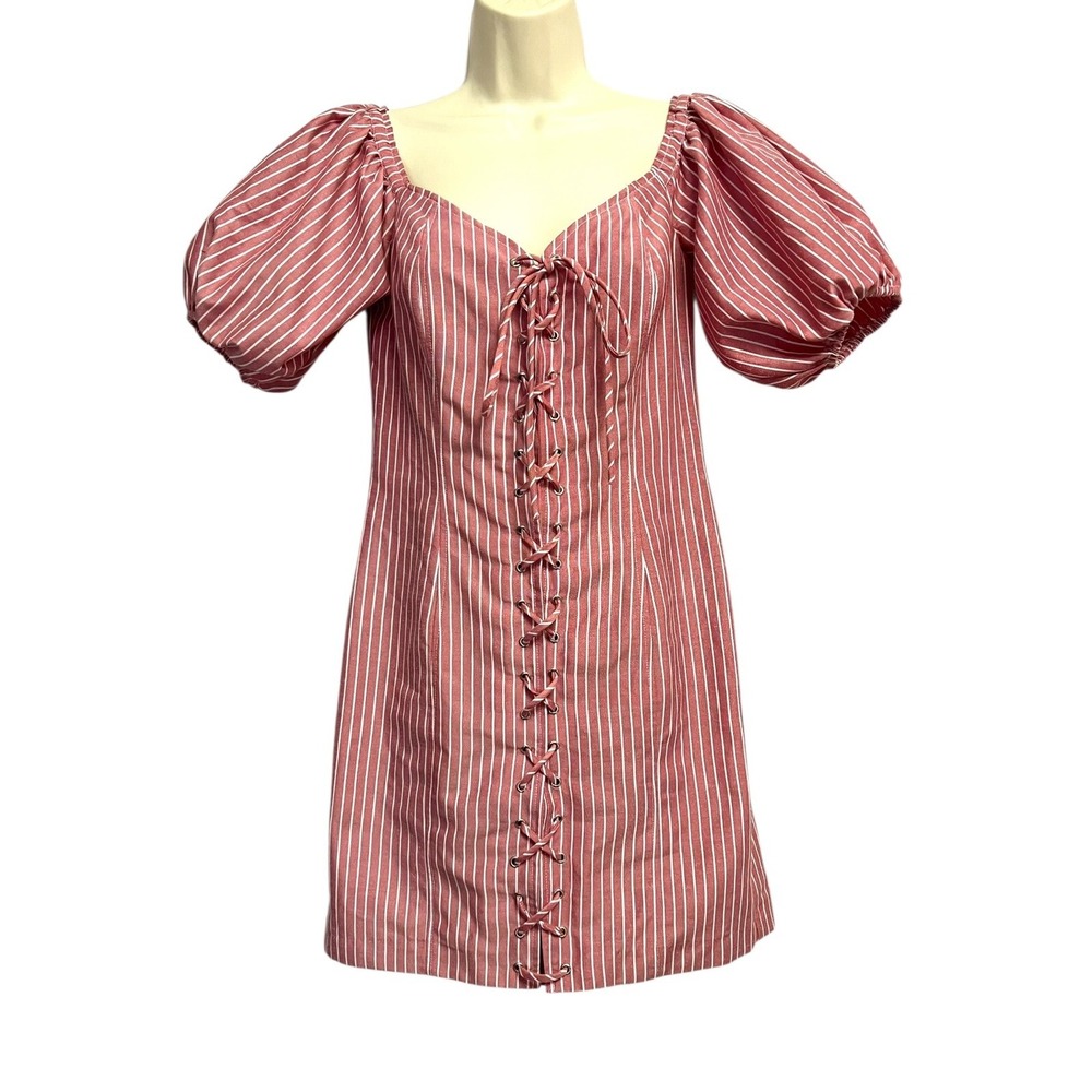 WAYF Red White‎ Puff Short Sleeve Corset Front Mini Dress Size Small Sweetheart